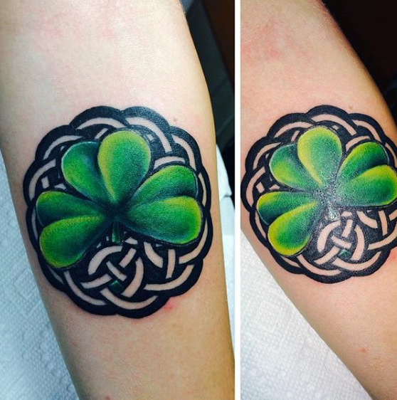 Celtic Circle And Shamrock Leaf Tattoo On Forearm