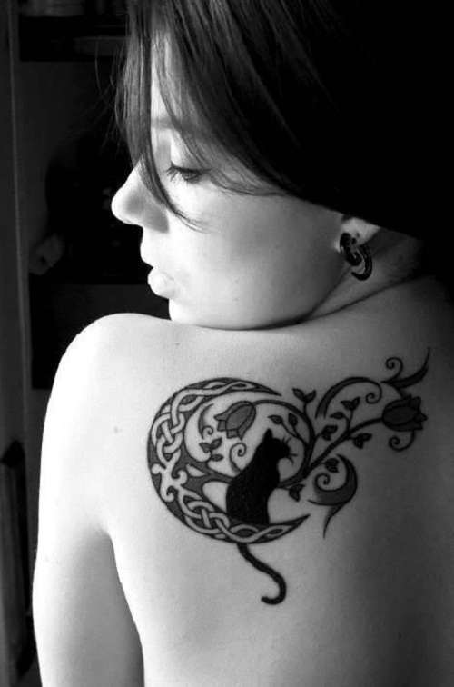 Celtic Crescent Moon Tattoo And Black Cat Tattoo On Back Shoulder