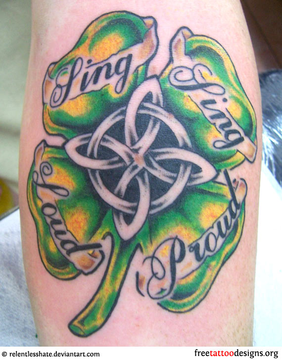 Celtic Shamrock Leaf With Banners Tattoo On Arm