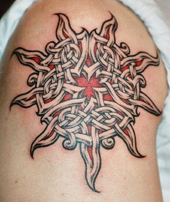 Celtic Sun Tattoo On Left Shoulder