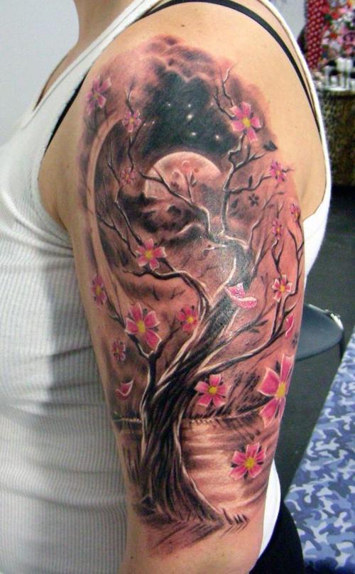 Cherry Blossom Tree And Full Moon In Clouds Tattoo On Left Half Sleeve