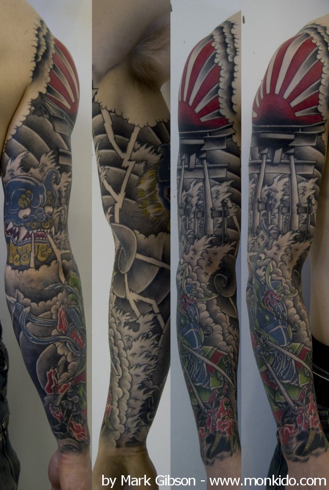 Chinese Dragon And Rising Sun Tattoo On Full Sleeve
