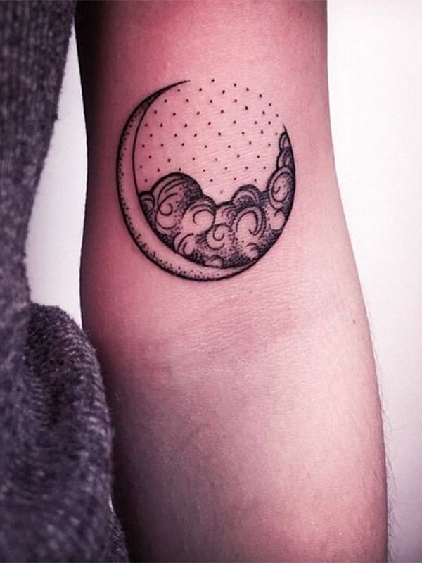 Clouds and Half Moon Tattoo On Bicep