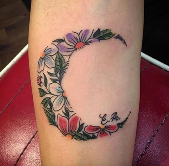 Color Flowers Crescent Moon Tattoo On Arm