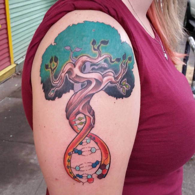Color Ink Ash Tree Tattoo On Right Shoulder For Women