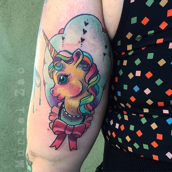 Color Ink Unicorn Tattoo On Left Bicep