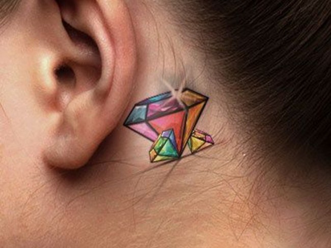 Colored Diamond Tattoo Behind The Ear