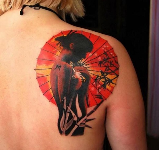 Colored Geisha Tattoo On Right Back Shoulder
