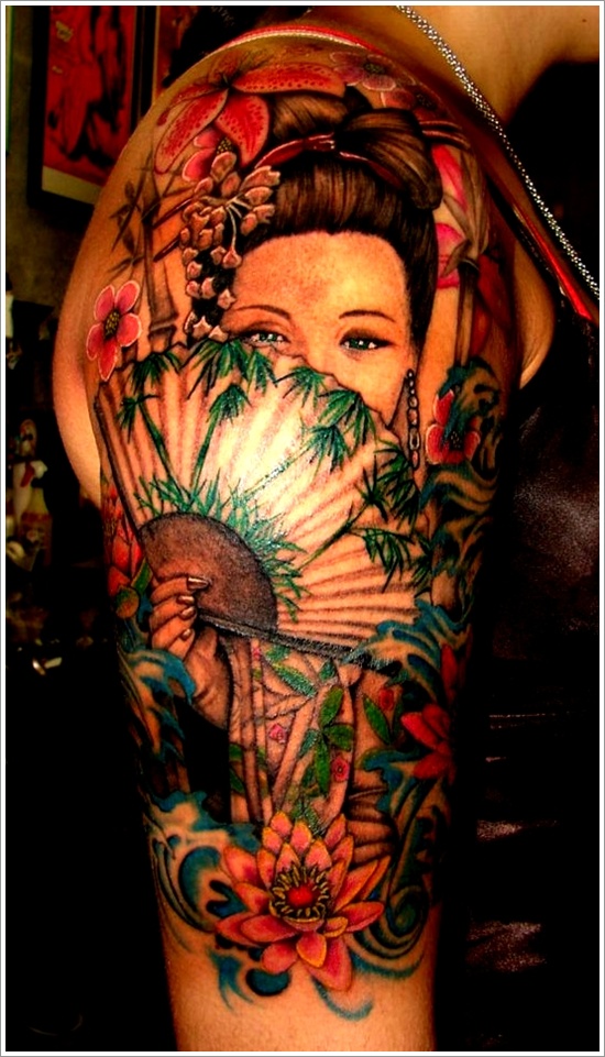 Colored Geisha Tattoo On Right Half Sleeve