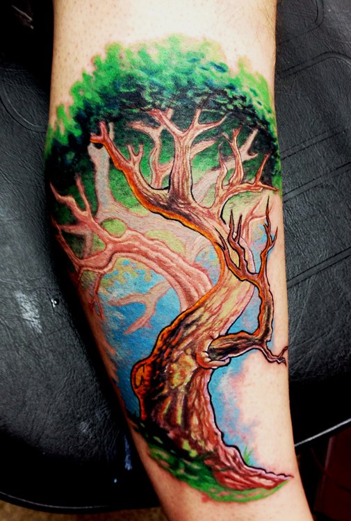 Colored Ink Tree Of Life Tattoo On Leg