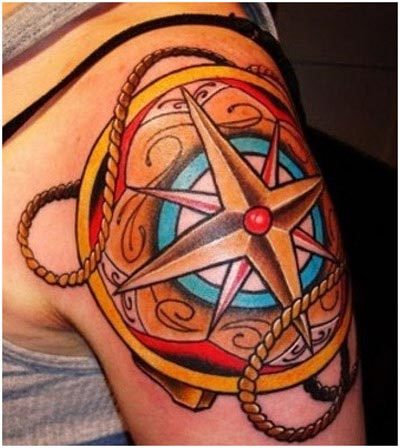 Colored Nautical Star Tattoo On Left Shoulder