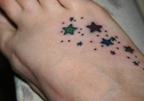 Colored Small Shooting Stars Tattoo On Right Foot