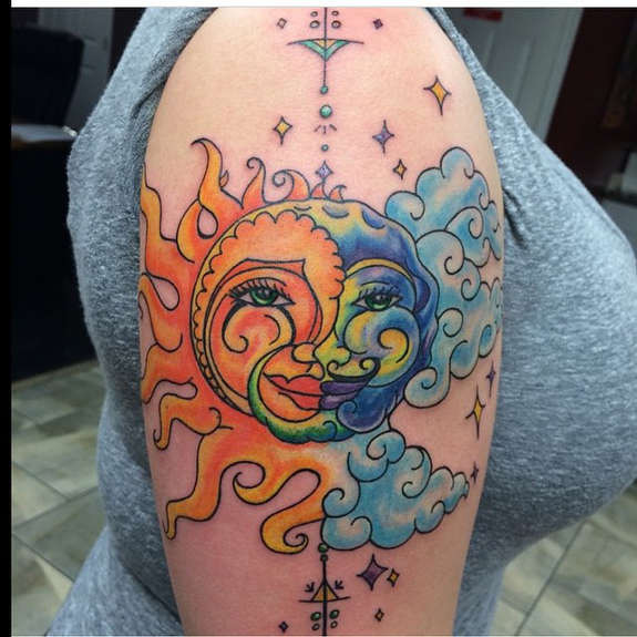 Colored Sun And Moon Tattoos On Right Bicep