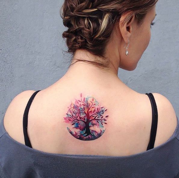 Colorful Ash Tree Tattoo On Girl Upper Back