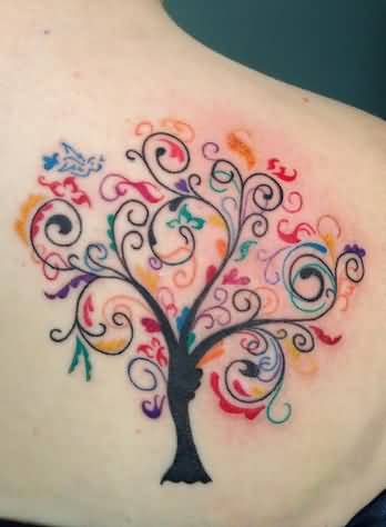 Colorful Ash Tree Tattoo On Right Back Shoulder