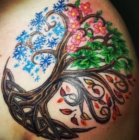 Colorful Celtic Ash Tree Tattoo On Left Shoulder