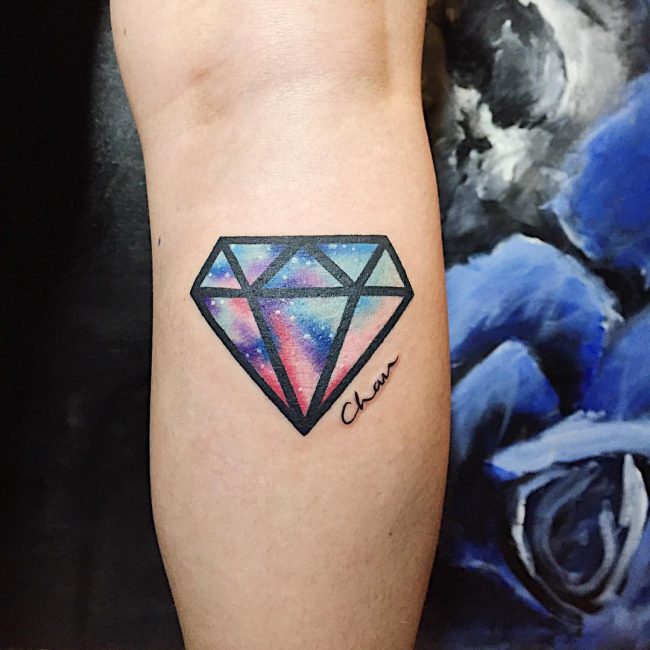Colorful Diamond Tattoo On Back Leg