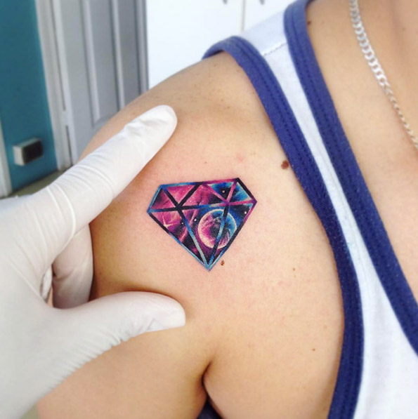 Colorful Diamond Tattoo On Front Shoulder