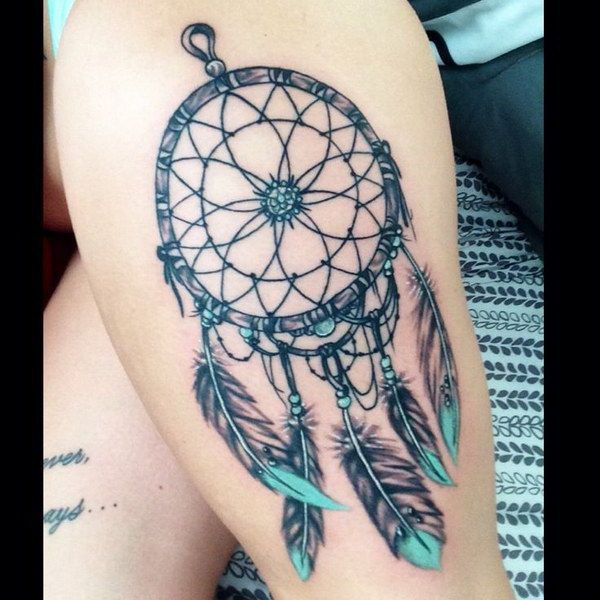 Colorful Dreamcatcher Tattoo On Girl Side Thigh