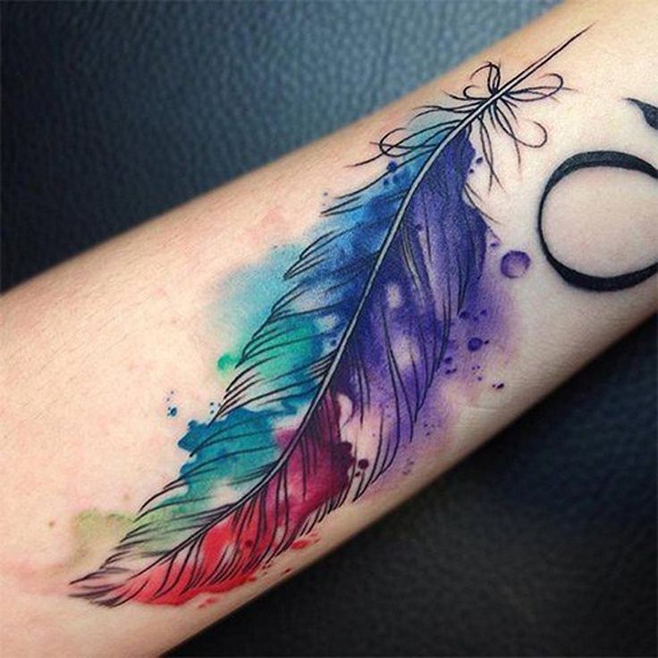 Colorful Feather Tattoos On Forearm