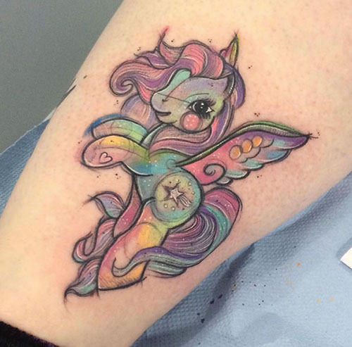 Colorful Feminine Unicorn Tattoo On Leg
