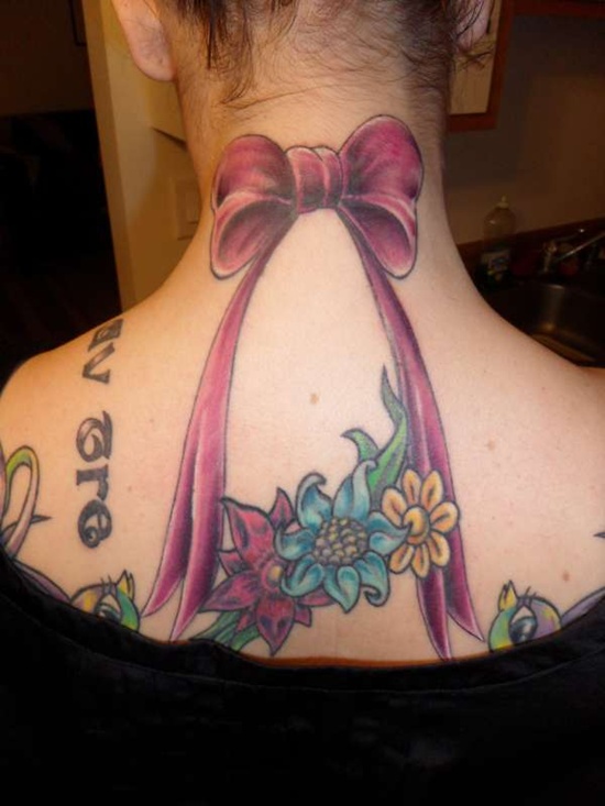 Colorful Flowers And Pink Bow Tattoo On Girl Nape