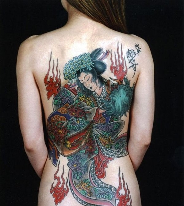 Colorful Geisha Tattoo On Girl Back Body