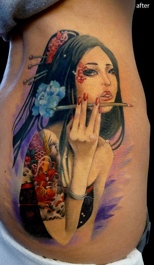 Colorful Japanese Geisha Tattoo On Side Rib