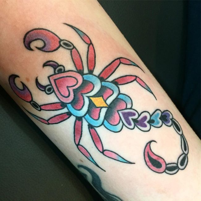 Colorful Scorpion Tattoo On Arm Sleeve