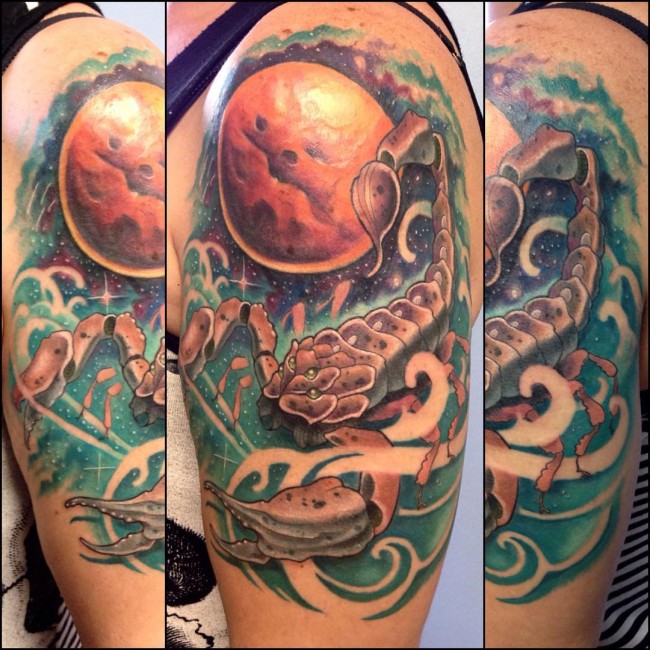 Colorful Scorpion Tattoo On Left Half Sleeve