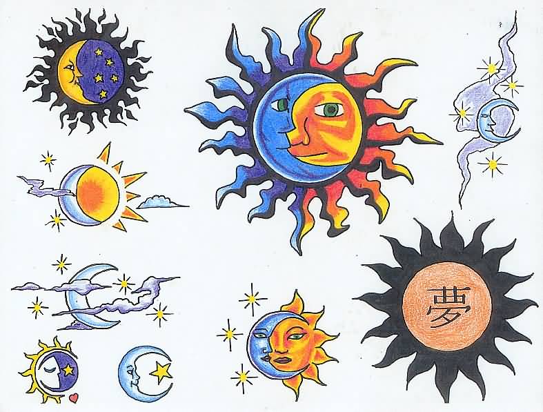 Colorful Stars And Sun Moon Tattoo Design