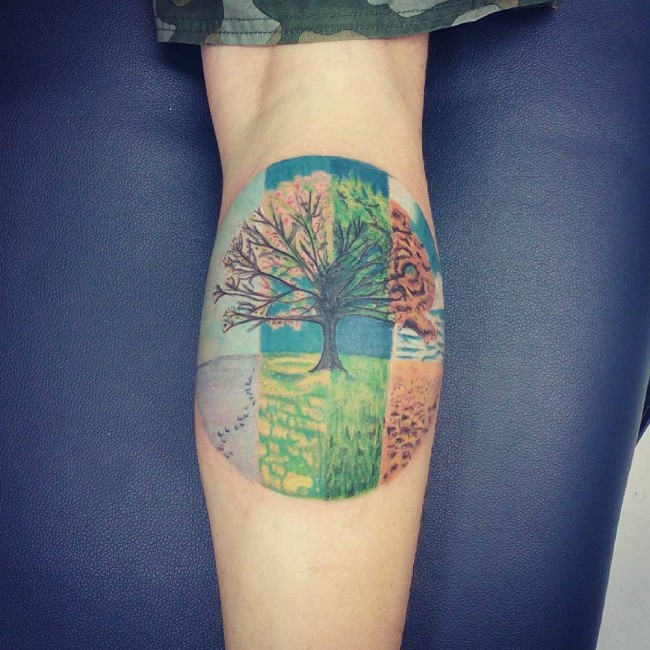 Colorful Tree Tattoo On Back Leg