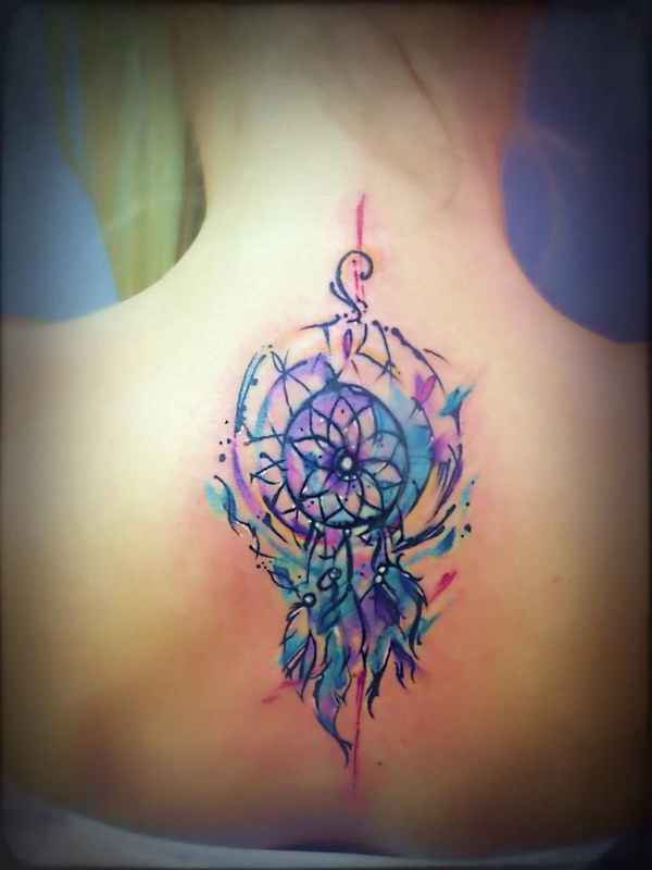 Colorfuul Dreamcatcher Tattoo On Girl Upper Back