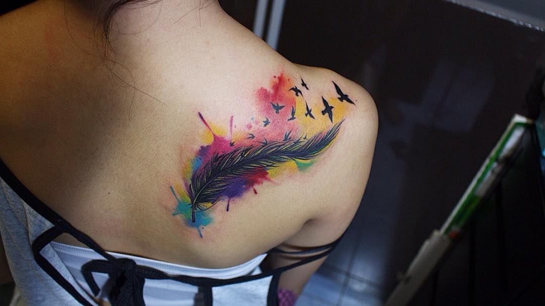 Colorful Feather And Flying Birds Tattoo On Right Back Shoulder