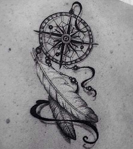 Compass And Dreamcatcher Tattoo On Back