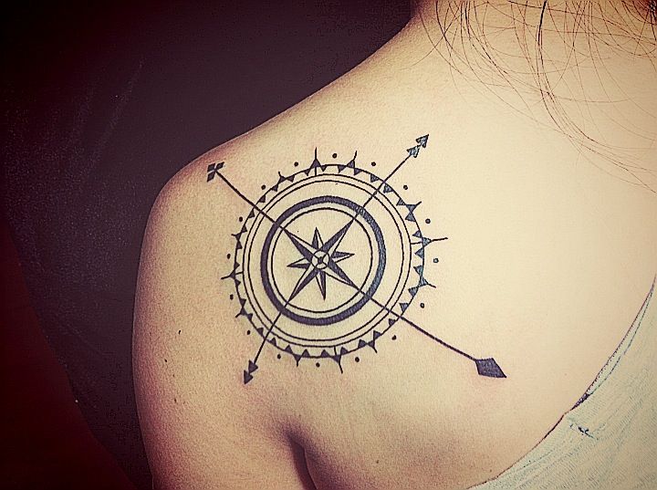 Compass Tattoo on Girl Left Back Shoulder