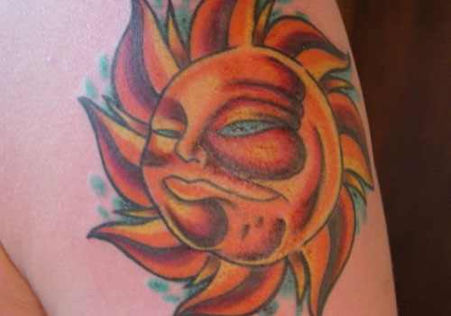Cool Realistic Sun Tattoo On Arm Sleeve