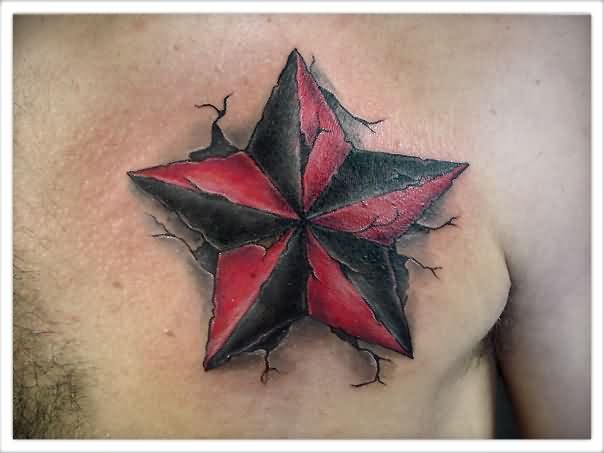 Cracked Skin Nautical Star Tattoo On Man Chest
