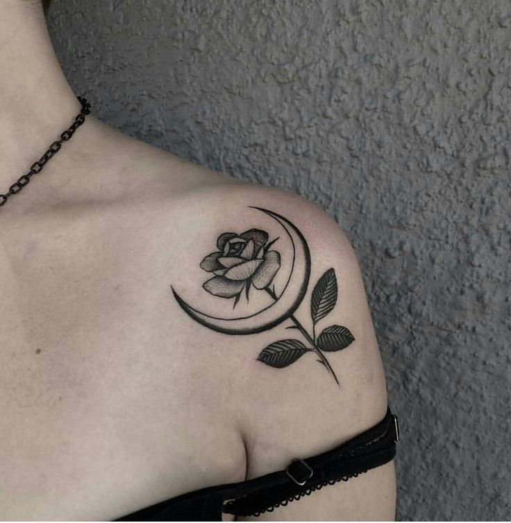 Crescent Moon And Flower Tattoo On Left Shoulder