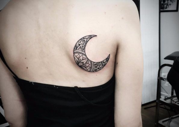Crescent Moon Tattoo On Girl Back Shoulder