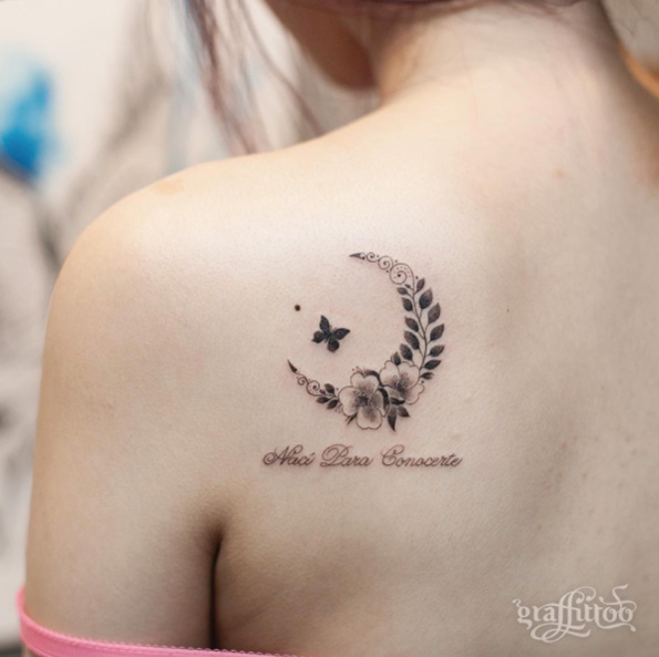 Crescent Moon Tattoo On Girl Left Back Shoulder