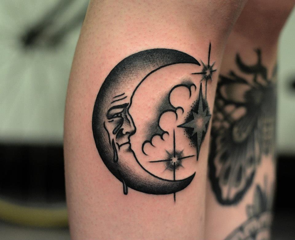 Crying Gothic Moon Tattoo On Leg