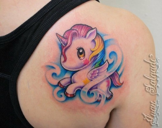 Cute Colorful Unicorn Tattoo On Back Shoulder