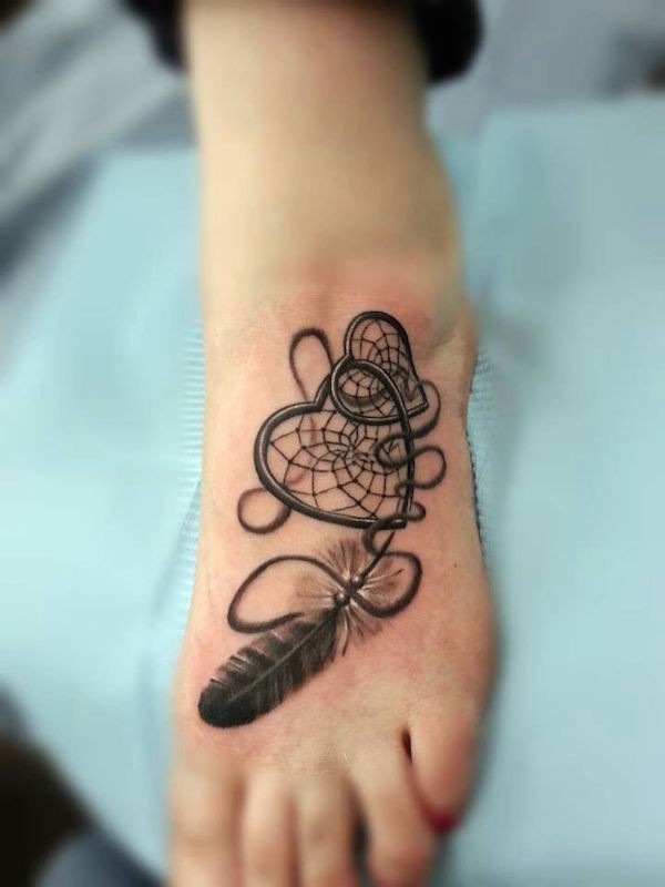 Cute Hearts Dreamcatcher Tattoo On Left Foot