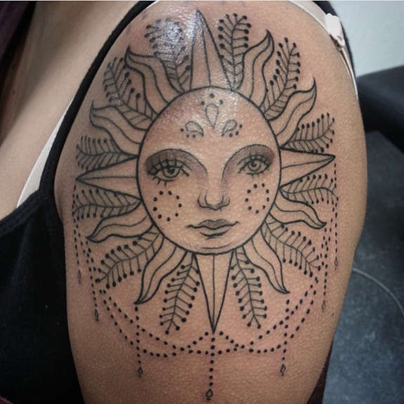 Cute Sun Tattoo On Girl Left Shoulder