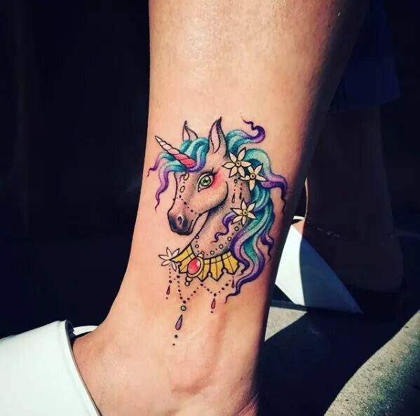 Cute Unicorn Head Tattoo On Side Leg