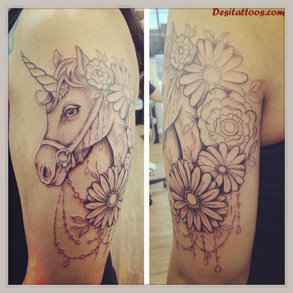 Daisy Flowers And Feminine Unicorn Head Tattoo On Left Half Sleeve