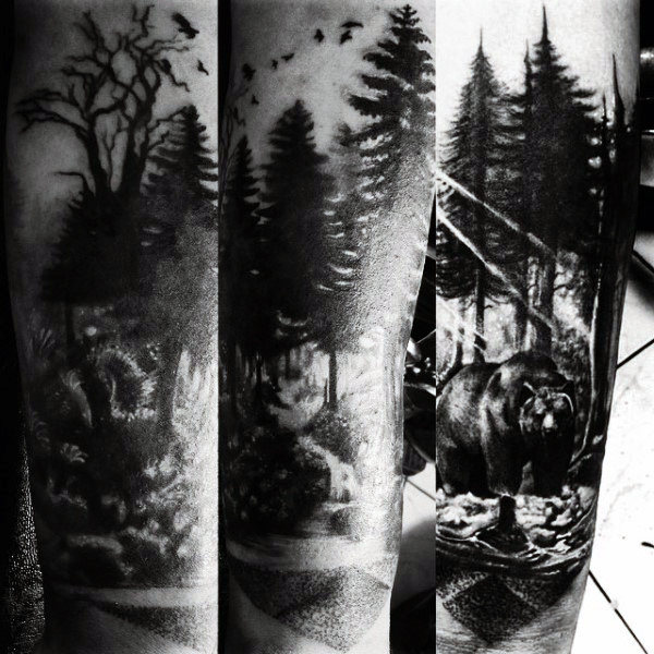 Dark Black Ink Bear and Pine Tree Tattoo On Sleeve