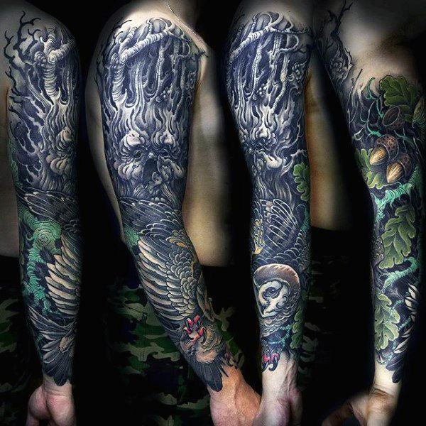 Dark Ink Birch Tree Tattoo On Arm Sleeve