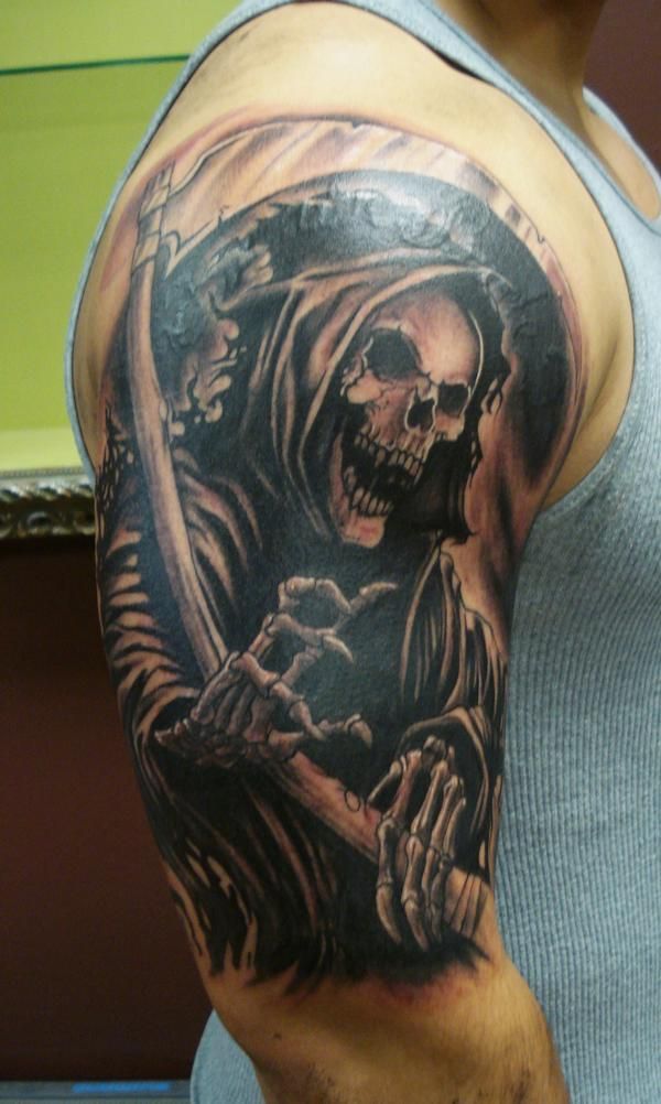 Dark Ink Grim Reaper Tattoo On Man Half Sleeve